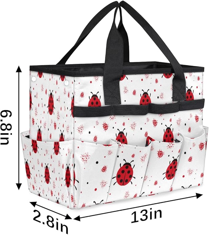 Garden Tool Tote Bag for Women Men Ladybugs Gardening Tool Storage Bags with 10 Pockets Standable Garden Home Tool Kits Organizer for Indoor Outdoor Gardening Gifts