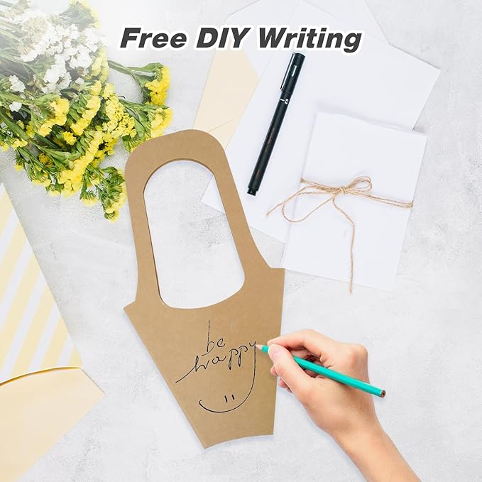 Jeqqinuz 50 PCS Flower Bags for Bouquets, Kraft Paper Gift Bags with Handle, Floral Wrapping Paper for Bouquet Packaging, Wedding Graduation Party Favors, Brown Cone Sleeves Home Decoration