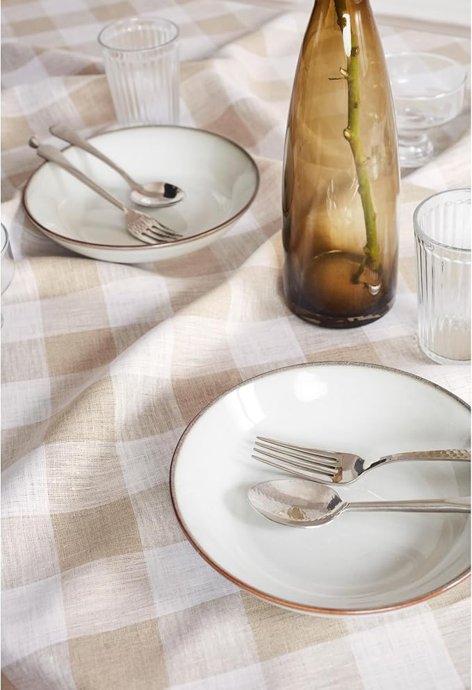 Solino Home Linen Checkered Table Runner 108 Inches Long - 100% Pure Linen Natural and White Buffalo Check Table Runner 14 x 108 Inch Ideal for Dining, Spring, Easter, Winter