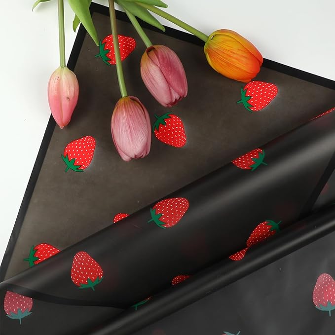 Liobelon 20 Sheets Flower Wrapping Paper Waterproof Bouquet Paper with Strawberry Pattern Black Gift Wrapping Paper for Flower Shop, Wedding, Birthday Party, Handmade DIY, Anniversary 22.8 x 22.8Inch