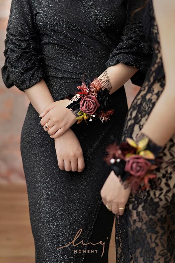 Ling's moment 6pcs Wedding Wrist Corsage Artificial Flowers, Girl/Mother Homecoming Prom Corsages Wristlet Halloween Décor, etc. Black Gothic Burgundy