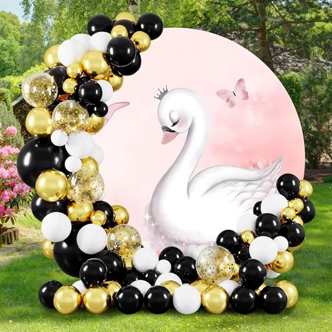 AOFOTO Swan Round Backdrop Pink Floral Butterfly Print Photography Background for Baby Shower Women Newborn Girls Birthday Party Banner Home Wall Decor Photo Studio Booth Props 7.2x7.2ft
