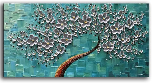 YaSheng Art - 100% hand painted Flower Art Oil Painting On Canvas Texture Silver Flowers Tree Paintings Modern Home Bedroom, Dining Room, Decor Wall Art 3D Abstract Artwork Paintings 20x40inch