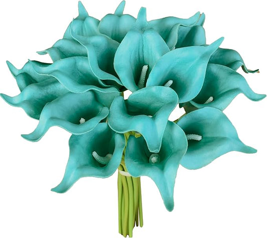 Mandy's PU Teal Calla Lily Artificial Flowers 20 Stems 13.5in Faux Realistic Centerpiece for Thanksgiving and Christmas Decorations DIY Bridal Bouquet Home Décor