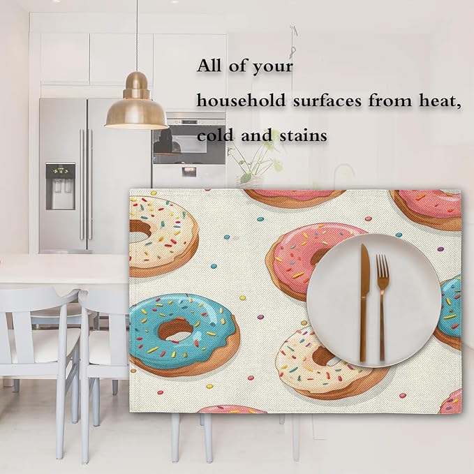 Donuts Placemats Set of 6, Washable Linen Place Mats, Food Donut Table Mats for Kitchen Dining Table Decor Heat Resistant Tablemats 12x18