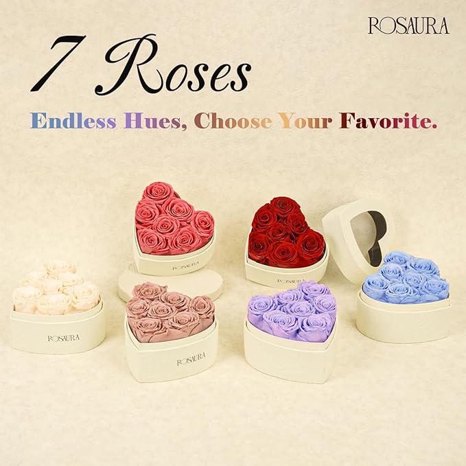 Rosaura Heart-Shaped Preserved Roses Gift Box - Real Forever Flowers for Birthday, Valentine's & Mother's Day (Light Purple, 7 Roses)