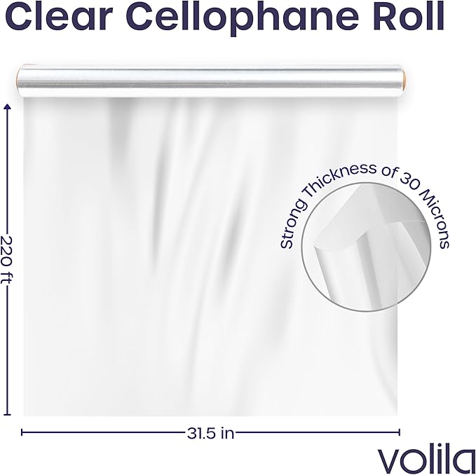 Clear Cellophane Wrap Roll (31.5in x 220ft) Folded Cellophane Wrap for Gift Baskets, Cellophane for Flowers Bouquets