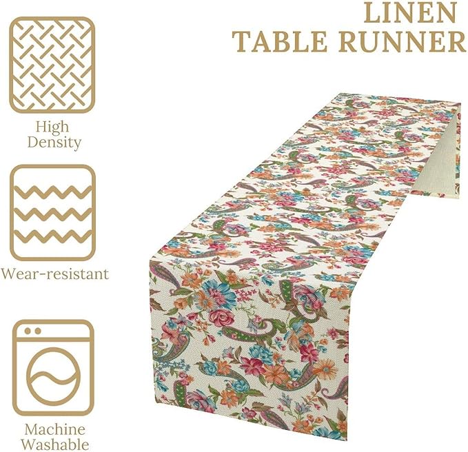 Boho Floral Table Runner, Colorful Bohemian Paisley Flower Design Table Runner for Kitchen Dining Home Party Decor, 13x90 Inch