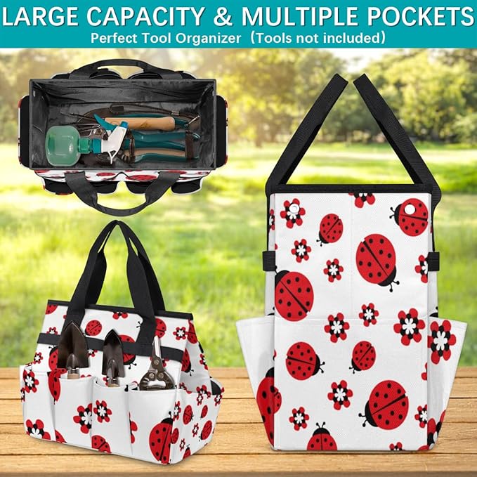 Ladybug Flower Garden Tool Tote Bag for Women Men Gardening Tool Storage Bags with 10 Pockets Standable Garden Home Tool Kits Organizer for Indoor Outdoor Gardening Gifts