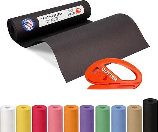 Black Kraft Paper Roll 12" x 1200" (100 feet) with Cutter - USA-Made Wrapping Paper for Packing, Moving, Shipping & Crafts/Arts - 100% Recyclable Natural Craft Material by IDL Packaging