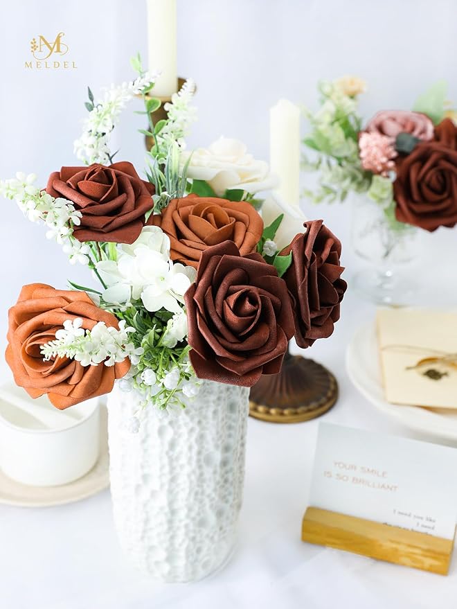 Meldel Artificial Flowers 50pcs Real Looking Rust Red Foam Fake Roses with Stems for DIY Wedding Bouquets Bridal Shower Centerpieces Floral Arrangements Home Decorations Bulk Crafts Rose