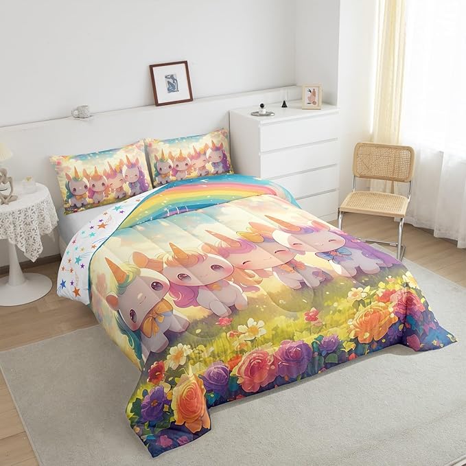 Unicorn Comforter Set Queen Size,Reversible Cute Unicorn Rainbow Cartoon Horse Animal Bedding Set for Women Adult,Kawaii Style Flowers Galaxy Cloud Luxury Bed Duvet Insert, 2 Pillowcases