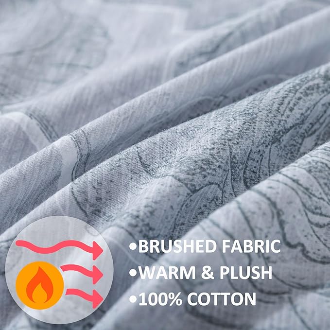 FADFAY Grey Vintage Floral King Size Sheets Set 100% Brushed Cotton Shabby Rose Flower Pattern Bedding Set Deep Pocket Sheets with 2 Pillowcases Luxury Breathable Soft 4pcs, King Size