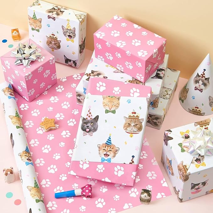 WERNNSAI Cat Wrapping Paper - 1 Roll 17” x 16.4 ft Cute Cat Birthday Wrapping Paper Reversible Kitten Gift Wrap for Birthday Present Packing Decoration with Paw Prints Design