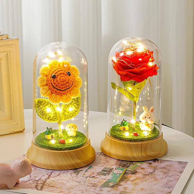 Levvohd Red Roses from Daughter for Mom Mothers Day, Beauty and The Beast Rose, with LED Light Up Plastic Rose in Dome, for Wife Grandma Christmas Day Valentine Day Birthday for Her Gift (Rabbit)