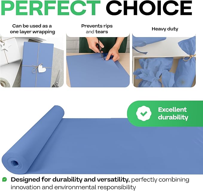 IDL Packaging 36" x 1200" (100 feet) Blue Kraft Paper Roll - USA-Made Quality Craft Paper for Gift Wrapping, Kids' Arts & Crafts, School Projects - 100% Recycled Natural Material 50lb Thickness