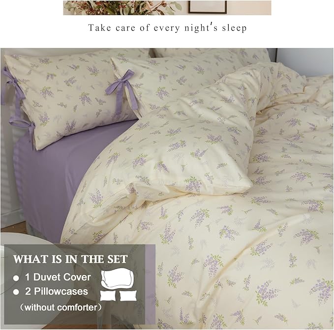 Purple Flower Duvet Cover Set Full 3 Pieces Lavender Floral Duvet Cover with Bow Ties,Cottagecore Bedding Set 100% Cotton Vintage Country Comforter Cover for Teens Girls without Filling-80"x90"