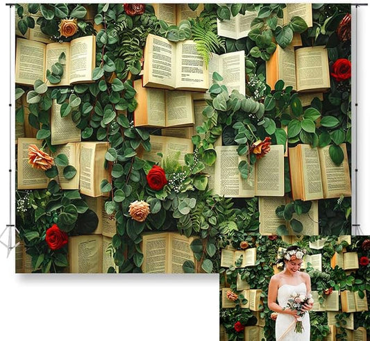 10x8FT Book Flowers Photo Backdrop Vintage Books Page Red Rose Flowers Weeding Background for Birthday Wedding Party Portrait Decoration Supplies Photo Booth Props KUBDJ1002