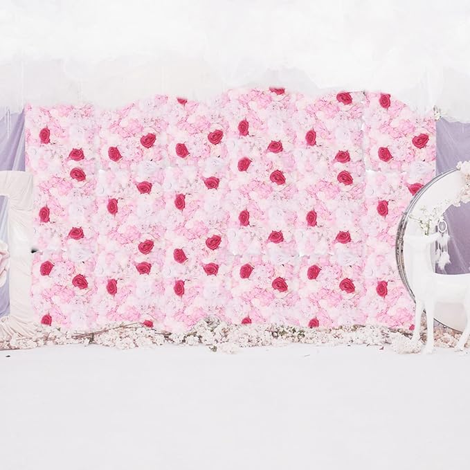16"x 24" Artificial Flower Wall Panels,Flower Wall Mat Silk Flower Panels for Outdoor Garden Backyard Fence Fence Privacy Screen and Indoor Wall Decor (4Pcs Pink+Rose)