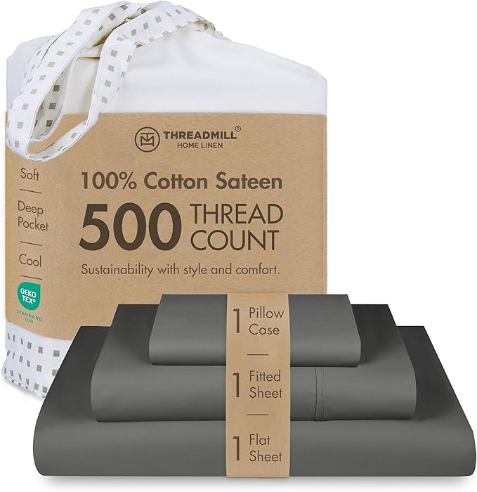 Threadmill - 5 Star Hotel Twin Sheet Set 100% Cotton Sheets, 500 Thread Count, Deep Pocket, Snug Fit, Soft & Crisp Best Bedding Sheets Set 3 Piece Set (Twin, Dark Gray)