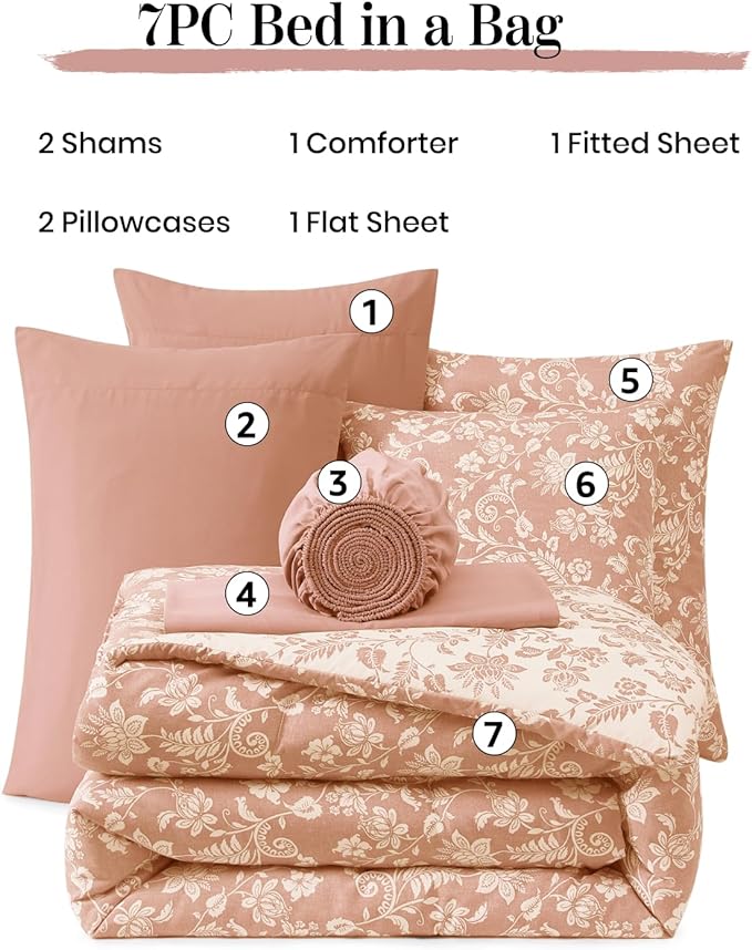 Queen Comforter Set -7 Pieces Clay Pink Floral Comforter Set for All Seasons, Bed in a Bag Queen with Botanical Flowers Comforter, Sheets, Pillowcases & Shams