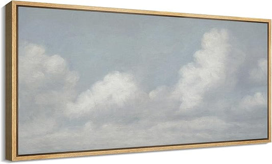 SIGNFORD Extra Large Framed Canvas Print Wall Art Blue Sky with Fluffy Clouds Tranquil Minimal Sky Scene Illustrations Modern Art Relax/Calm Warm for Living Room, Bedroom, Office - 60"x30"