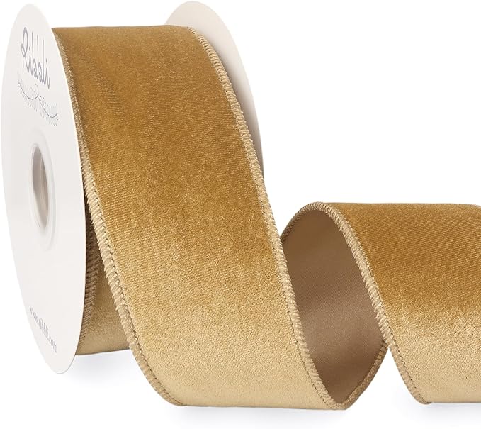 Ribbli Champagne Velvet Wired Ribbon 2.5 Inch Velvet with Satin Christmas Ribbon for Gift Wrapping Christmas Tree Decoration Crafts Wreaths Supplies-Continuous 10 Yards