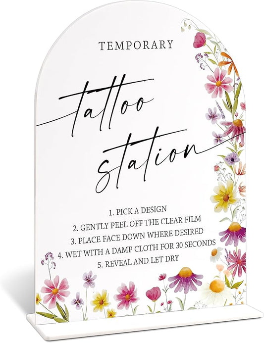 Temporary Tattoo Station Sign for Wedding Table Decor, Wild Flower Arch Acrylic Wedding Signs for Reception, Floral Bridal Shower Engagement Party Decorations for Love Is In Bloom