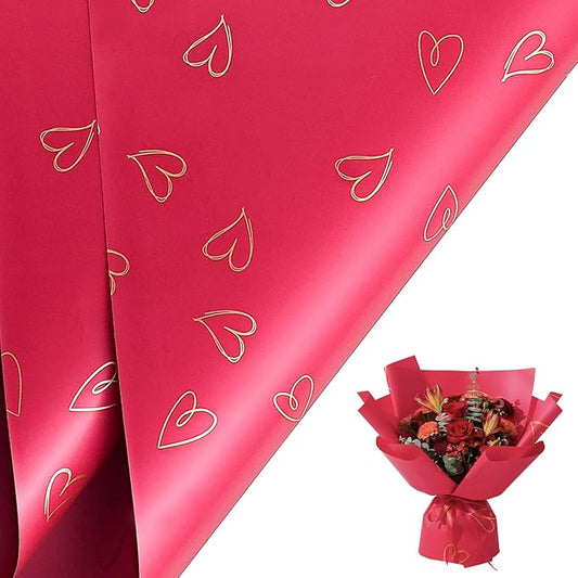 LeZakaa 20 Sheets Valentine Flower Wrapping Paper, Red with Gold Heart Pattern Waterproof Floral Bouquet Paper, for Christmas, Valentines, Mothers Day, Party, Romantic Birthday, Wedding, Anniversary