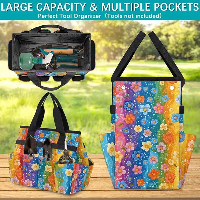 Garden Tool Bag Organizer Garden Tote Bag with Pockets Rainbow Small Flowers Tool Storage Organizer Gardening Tool Kit Holder 13" x 6.8" x 2.8"