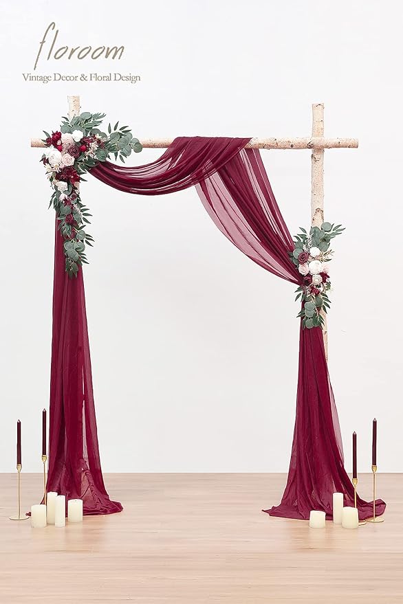 Floroom Arch Flowers with Drapes Kit (Pack of 4) - 2pcs Artificial Burgundy Floral Swag Arrangement with 2pcs Draping Fabric for Wedding Ceremony Arbor and Reception Backdrop Decoration