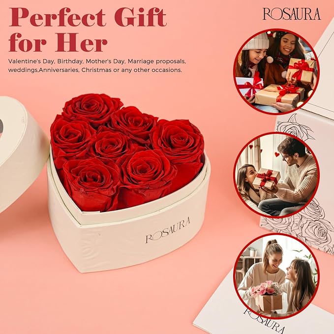 Rosaura Heart-Shaped Preserved Roses Gift Box - Real Forever Flowers for Birthday, Valentine's & Mother's Day (red, 7 roses)