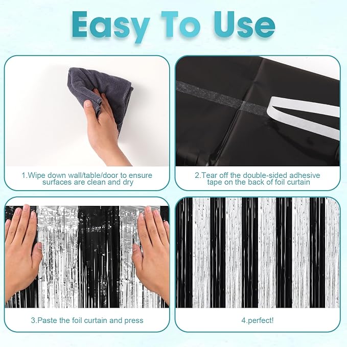 3 Pack 3.3 x 8.2 ft Black and Silver Foil Fringe Backdrop Curtains, Tinsel Streamers Party Decorations, Fringe Backdrop