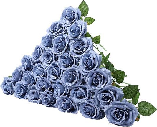 Artificial Rose Flower Dusty Blue Flowers Dusty Blue Roses Silk Flowers 30 pcs with Long Stem Silk Roses Bouquet for Wedding Bridal Shower Party Home Decoration