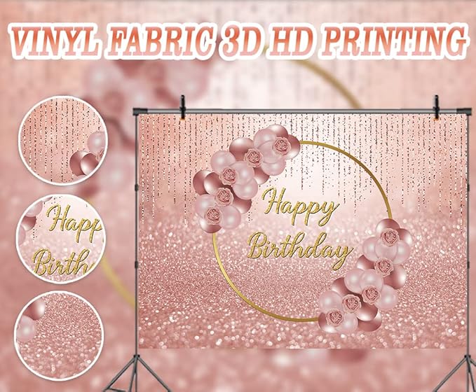 Pink Rose Gold Happy Birthday Backdrop Glitter Rose Gold Floral Balloon Bokeh Photography Background Girls Lady Sweet 16th 21th 30th Birthday Party Cake Table Photo Props 8x6FT