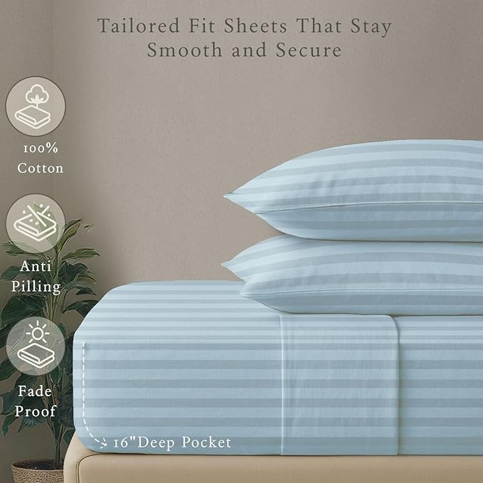 Threadmill 500 Thread Count Queen Size Damask Stripe, 4 Pc Luxury Cotton Bedding Set, Silky Smooth Light Blue Sheets with 16" Elasticized Deep Pocket, 2 Pillowcases & Free Tote Bag