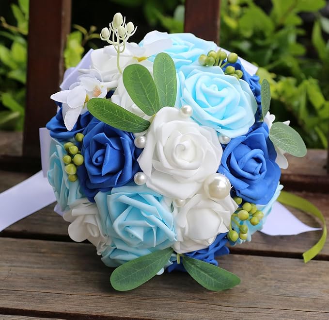 Lightweight Bridal Wedding Bouquet Round Holding Bouquet Throw Toss Artificial Rose Flower Bunch for Bride Bridesmaid Wedding Quinceanera (White, Royal Blue & Light Blue, 7.9")