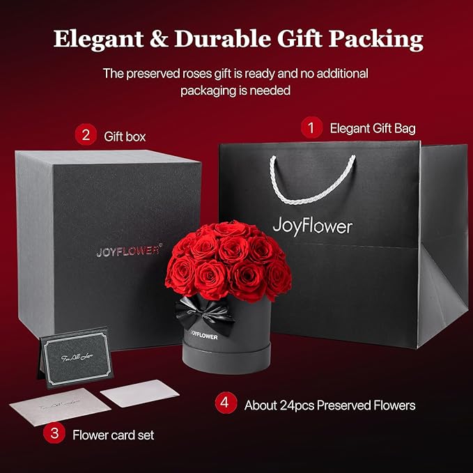 JoyFlower Preserved Flowers Box for Her, Mother's Day Forever Flowers Red Rose Gift for Mom Grandma, Long Lasting Eternal Roses for Wife Girlfriend on Birthday Anniversary Valentine's Day Christmas