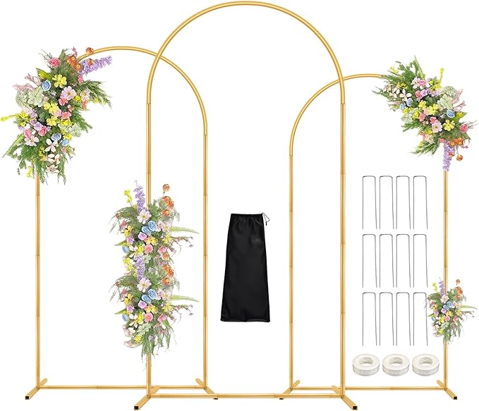 Antizz Arch Backdrop Stand,7.2FT, 6.6FT, 6FT Set of 3 Metal Gold Balloon Arch Stand Kit Wedding Arch Stand for Baby Shower Birthday Party Event Decoration Garden Floral Balloon Arch with Base