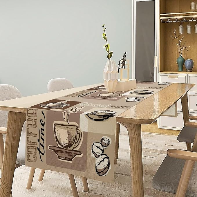 Coffee Table Runner,Vintage Style Coffee Cup Bean Abstract Theme Pattern Print Tablecloth Burlap for Hotel Indoors Outdoor Dining Room Kitchen Table Decor, 13x60in