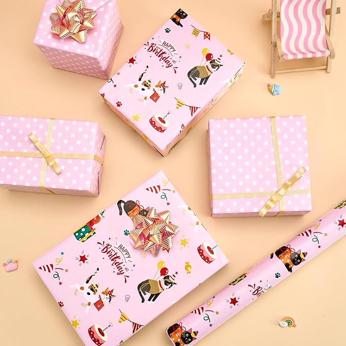 WERNNSAI Cat Wrapping Paper Roll - 1 Roll 17”x 33 ft Happy Birthday Wrapping Paper Pink Cat Birthday Gift Wrap for Kids Girls Adults Kitten Party Baby Shower Decoration Reversible Polka Dot Design