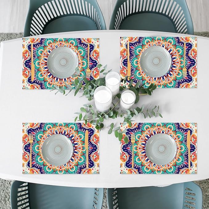 Ethnic Colorful Flower Mandala Placemats Set of 4 PVC Vinyl Non Slip Table Mats Waterproof Heat Resistant Place Mats Washable Wipeable Dining Table Mat for Kitchen Party Farmhouse Indoor Decorative