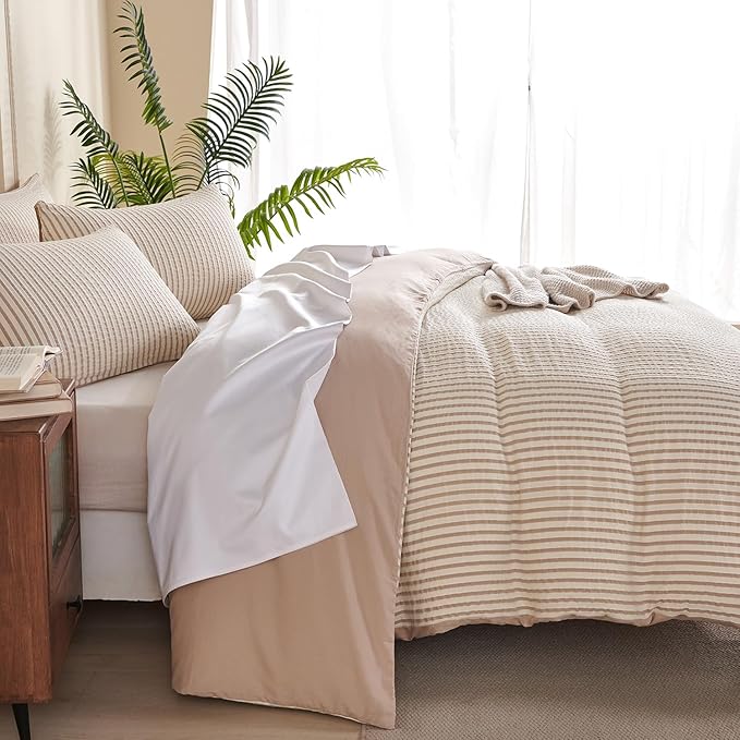 Striped Duvet Cover Queen Beige Washed Microfiber Jacquard 3 Pieces Bedding Set, White Beige Vertical Ticking Stripes Pattern Comforter Cover with Zipper Closure Breathable Durable Soft Comfy