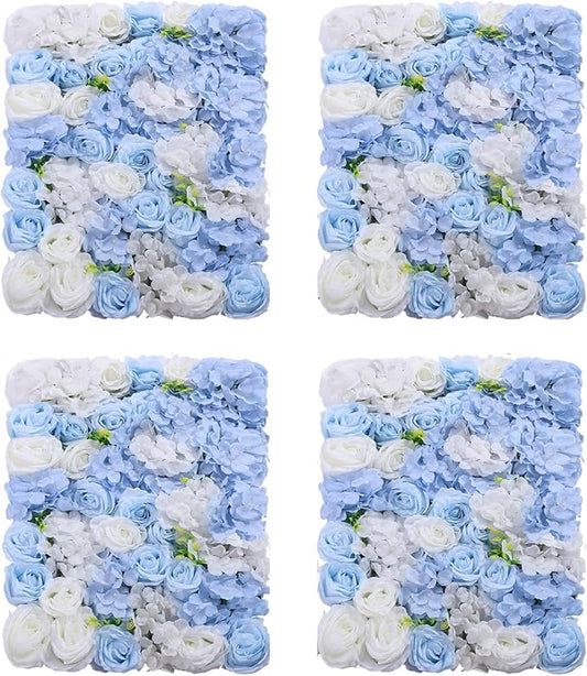 LOYALHEARTDY 4 Pack Artificial Flower Wall Panels 24" x 16" Blue & White Faux Hydrangea and Rose Artificial Flower Backdrop Panels for Wedding Party Event Flower Wall Decor