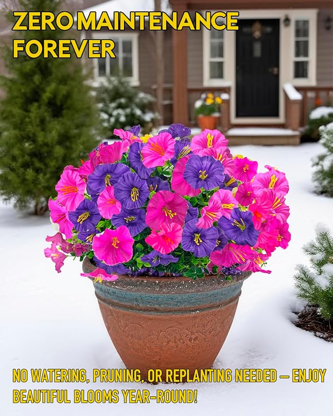 UV Resistant Fake Flowers for Outdoor Planters Hanging Basket Window Box - 12 Bundles Realistic Silk Artificial Flowers Outside with Eucalyptus, Faux Plants for Porch Garden Patio Home Décorations