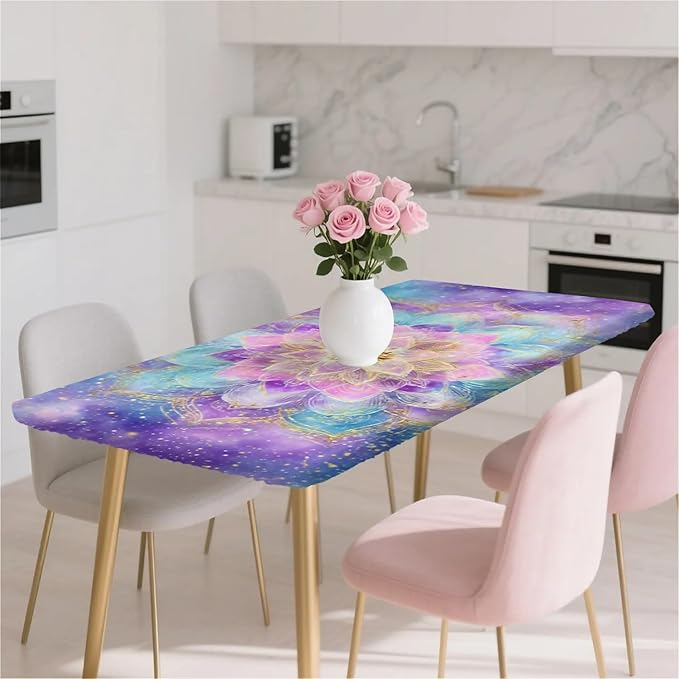 Rectangle Table Cloth Cover Waterproof Elastic Fitted Polyester Fitted Tablecloths for 8 Foot Tables for Indoor,Picnic, Camping, Outdoor （96" x 30"，Datura）