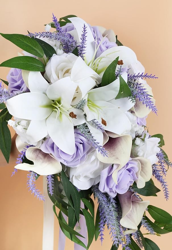 Wedding Bouquet,11 Inch Bridal Bouquet Cascading Wedding Bouquets for Bride for Wedding Ceremony and Anniversary(Lilac & White)