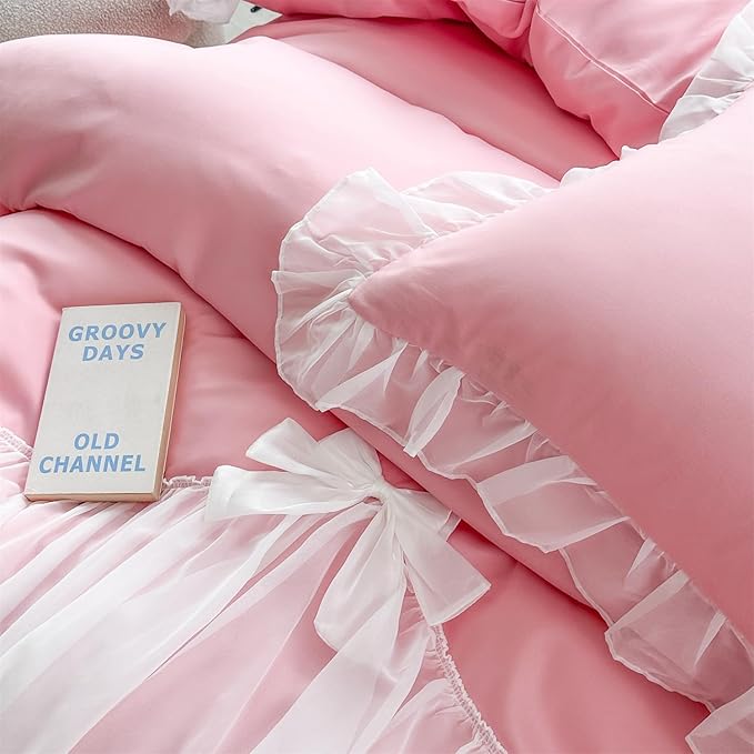 Girls Lace Bedding,Queen Comforter Cover Set, Chic Ruffled Duvet Cover with Lovely Bow,Princess Style 1 Duvet Cover with 2 Pillowcases, No Comforter-Bright Pink,Queen Size