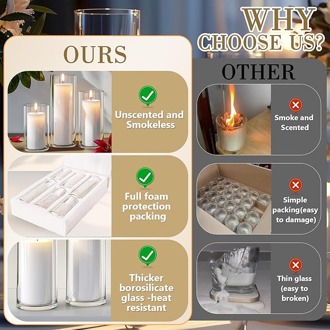 72 PCS White Pillar Candles with Glass Candle Holders Clear Hurricane Candle Holders Glass Cylinder Vases for Centerpieces Wedding Party, Event, Home Office (36 Candles+36 Candle Hoders)