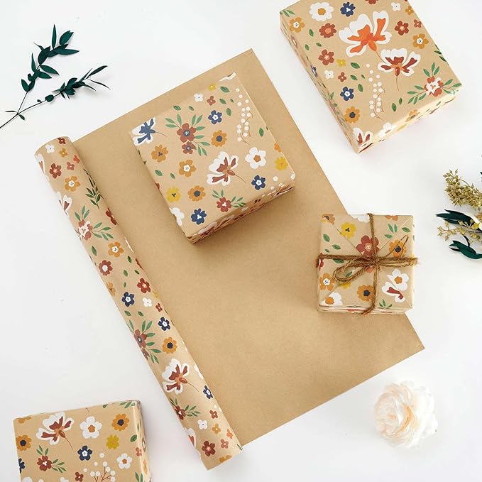 WERNNSAI Floral Kraft Wrapping Paper Roll - 1 Roll 17”x 33 ft Flower Bouquet Wrap Favor Brown Gift Wrap Paper Kids Adults Wildflower Decorative Art Supplies for Wedding Spring